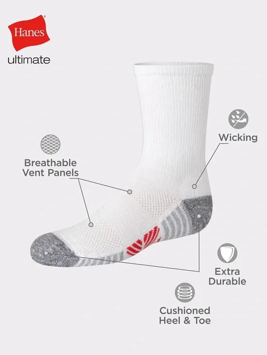 Hanes White Crew Athletic Socks with Gray Reinforcement and Multicolor Accents - Picture 2 of 4